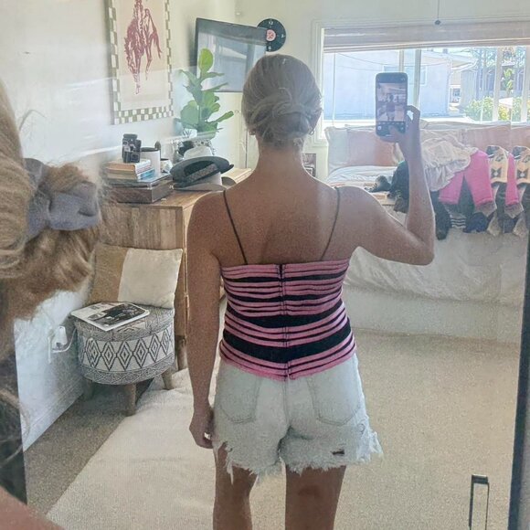 JS COLLECTIONS PINK BLACK Y2K STRIPED BOW TOP WOMENS 10 - Picture 7 of 7